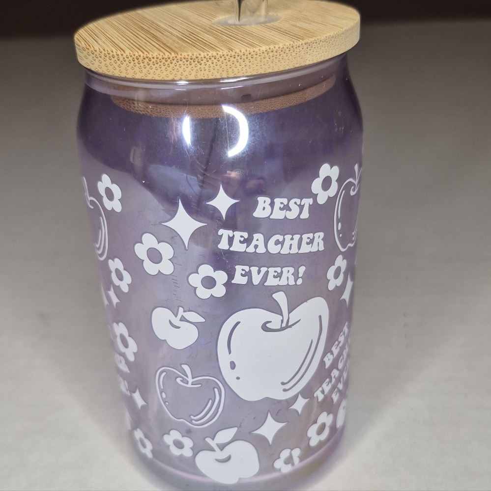 Best Teacher Ever Glass LIBBY Tumbler With Bamboo Lid‎ And Straw For Teachers